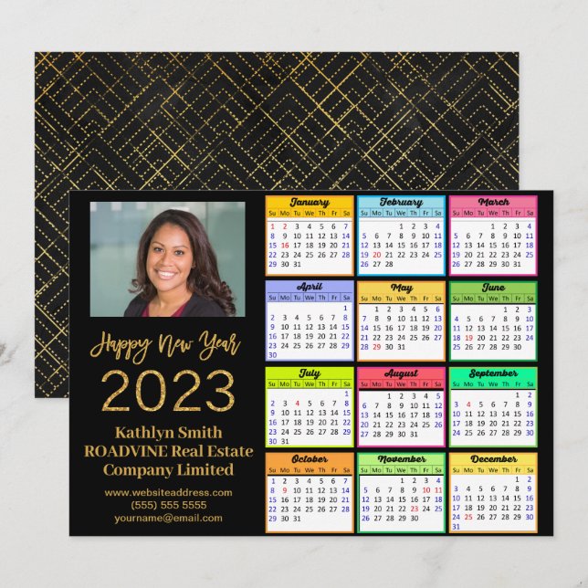 Tarjeta Festiva Calendario 2023 - Moderno guión de oro (Anverso / Reverso)