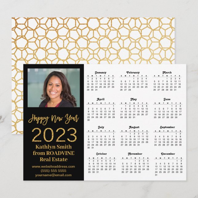 Tarjeta Festiva Calendario 2023 - Moderno guión de oro (Anverso / Reverso)