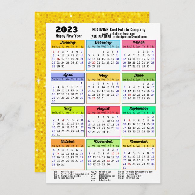 Tarjeta Festiva Calendario 2023 Purpurina de oro Modern Script Cor (Anverso / Reverso)