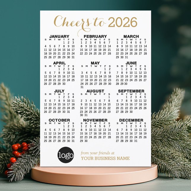 Tarjeta Festiva Calendario 2024 Gold White Logo Empresarial (2026 Calendar on a Holiday Business Card)