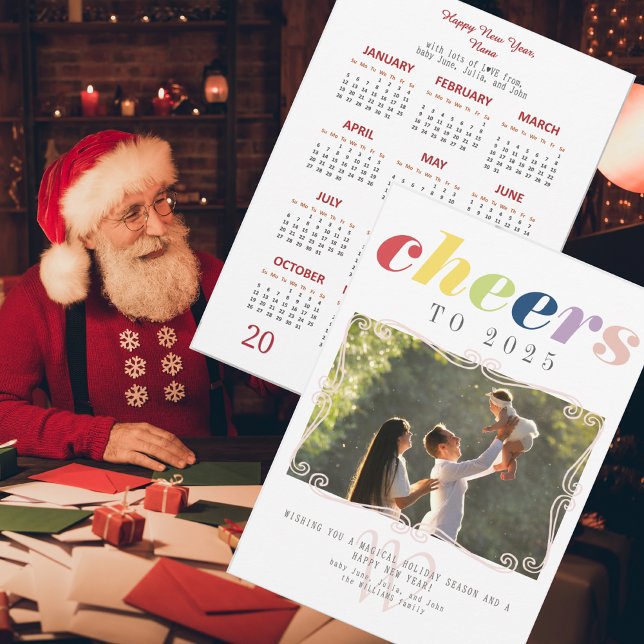Tarjeta Festiva Calendario 2025 Fotos de Año Nuevo de vacaciones m (2025 Calendar Modern Holiday New Year Photo Holiday Card Elegant Family Monogram)