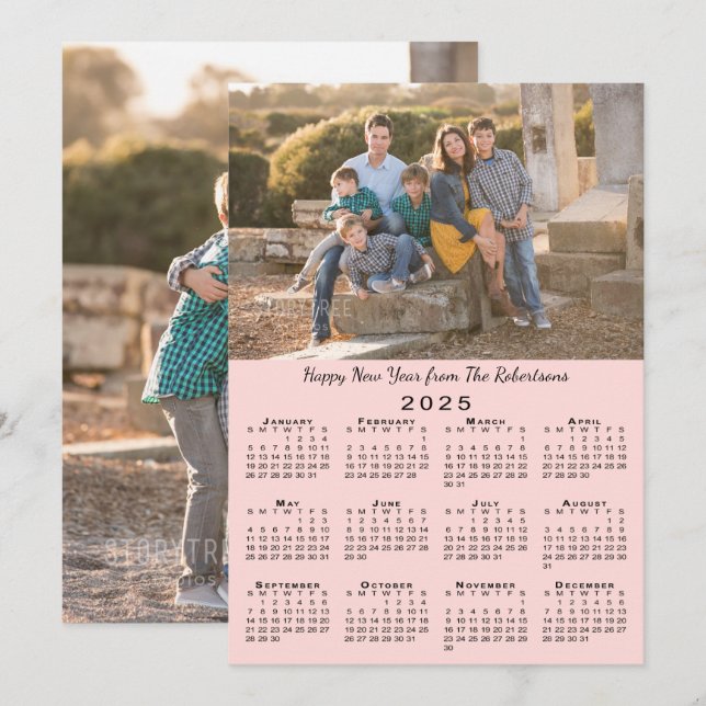 Tarjeta Festiva Calendario 2025 Fotos de Personalizados Rosa 2 Fel (Anverso / Reverso)