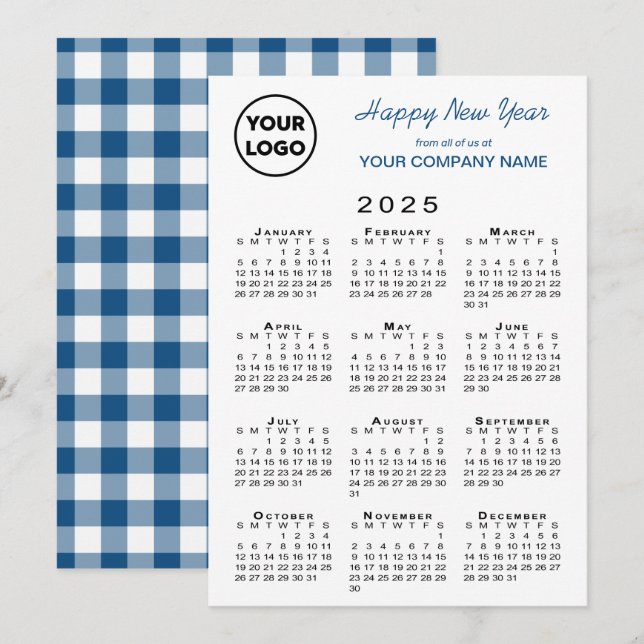 Tarjeta Festiva Calendario 2025 Logo de negocios Blue White Gingha (Anverso / Reverso)