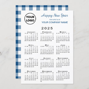 Tarjeta Festiva Calendario 2025 Logo de negocios Blue White Gingha