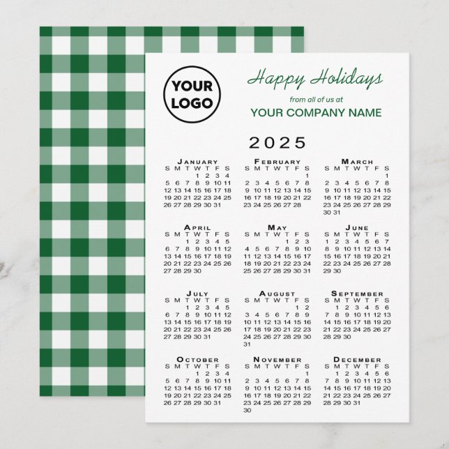 Tarjeta Festiva Calendario 2025 Logo de negocios Green White Gingh (Anverso / Reverso)