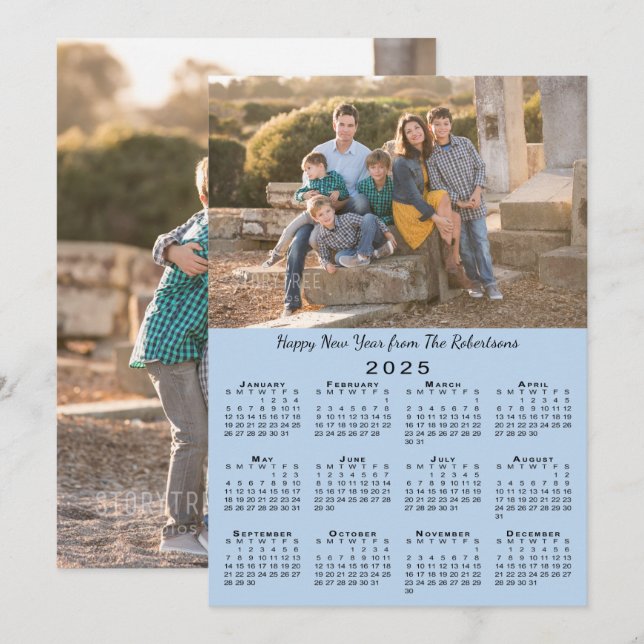 Tarjeta Festiva Calendario 2025 Luz azul 2 fotos Feliz Año Nuevo (Anverso / Reverso)