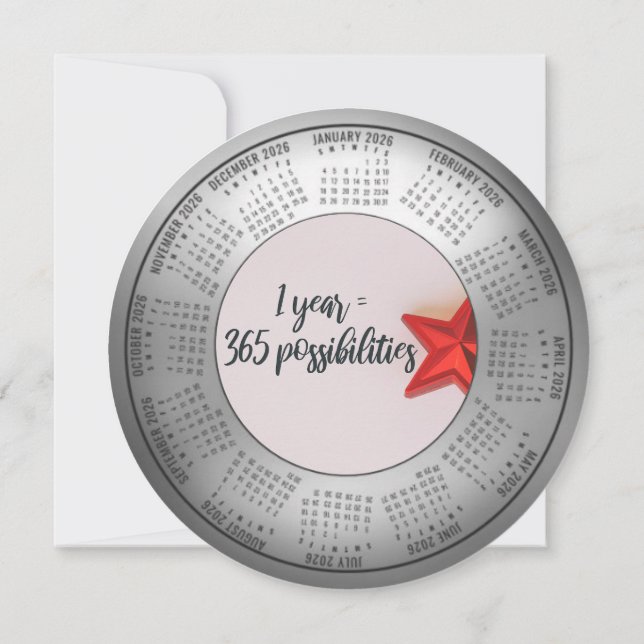 Tarjeta Festiva Calendario 2026 1 Año = 365 Posibilidades Redondas (Reverso)