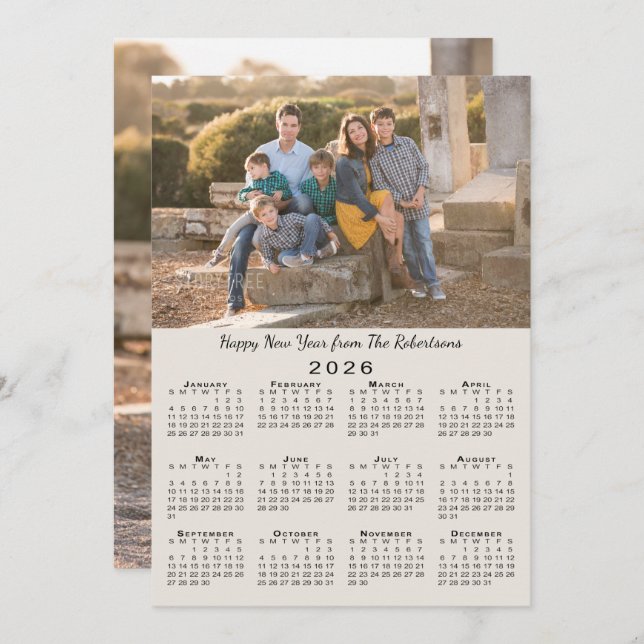 Tarjeta Festiva Calendario 2026 Beige 2 fotos de Personalizados Fe (Anverso / Reverso)