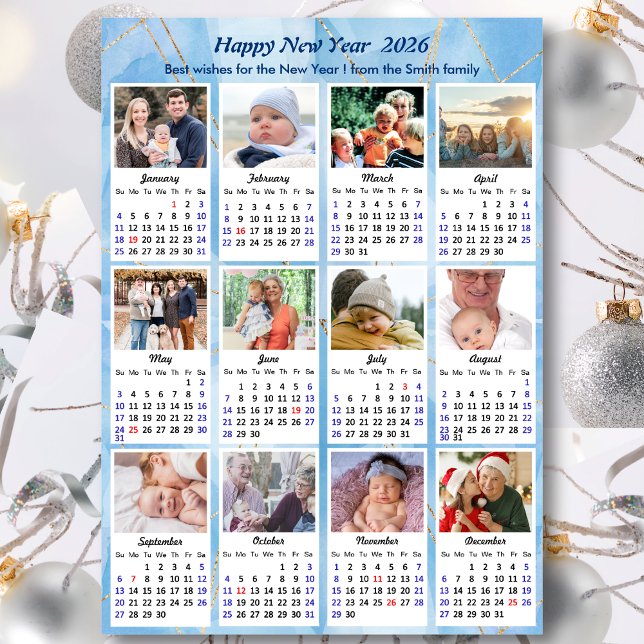 Tarjeta Festiva Calendario 2026 Collage de fotos de oro azul moder (Subido por el creador)