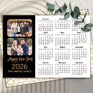 Tarjeta Festiva Calendario 2026 Elegante Guión Purpurina dorado 2