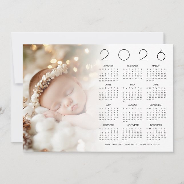 Tarjeta Festiva Calendario 2026 Foto superpuesta Bebé Feliz Año Nu (Anverso)