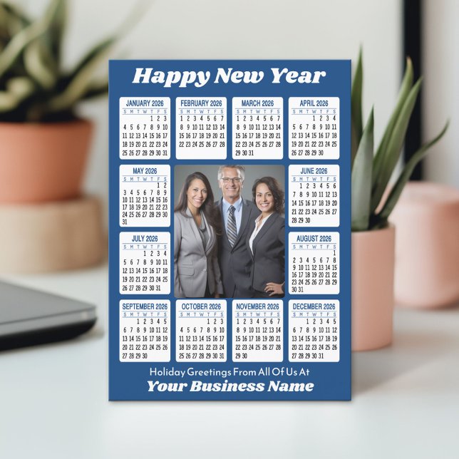 Tarjeta Festiva Calendario 2026 - Foto vertical para empresas (2026 Calendar on a Business Holiday Card with Photo)