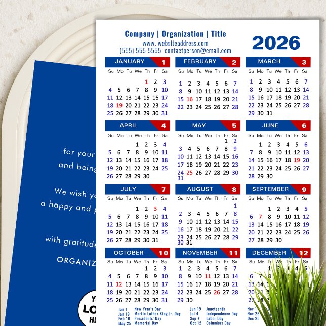 Tarjeta Festiva Calendario 2026 Logo de negocios Azul Rojo Minimal (Subido por el creador)