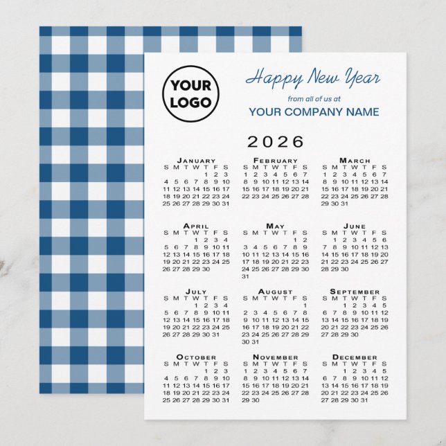Tarjeta Festiva Calendario 2026 Logo de negocios Blue White Gingha (Anverso / Reverso)