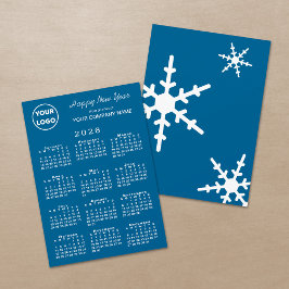 Tarjeta Festiva Calendario 2026 Logo de negocios Copo de nieve azu