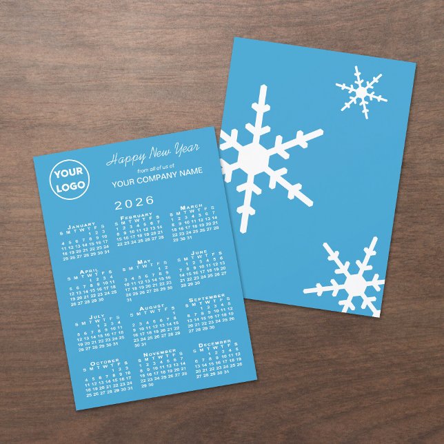Tarjeta Festiva Calendario 2026 Logo de negocios Copo de nieve azu (2026 Calendar Business Logo Light Blue Snowflake Holiday Card, front/back)