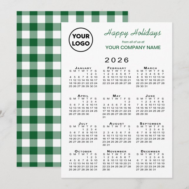Tarjeta Festiva Calendario 2026 Logo de negocios Green White Gingh (Anverso / Reverso)