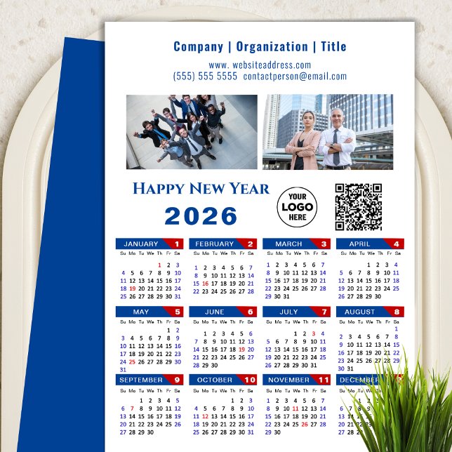 Tarjeta Festiva Calendario 2026 logotipo comercial Código QR Azul  (Subido por el creador)