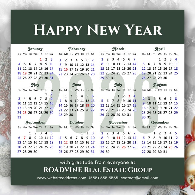 Tarjeta Festiva Calendario 2026 Modern Script Sage Green Business (Subido por el creador)
