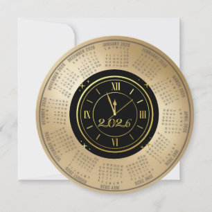 Tarjeta Festiva Calendario 2026 Negro y Dorado Reloj de Año Nuevo