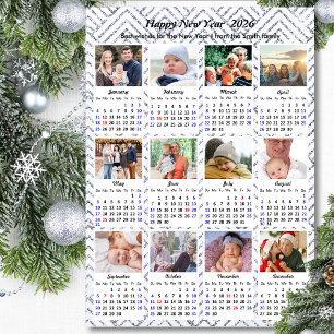 Tarjeta Festiva Calendario 2026 Purpurina de Plata con fotografía