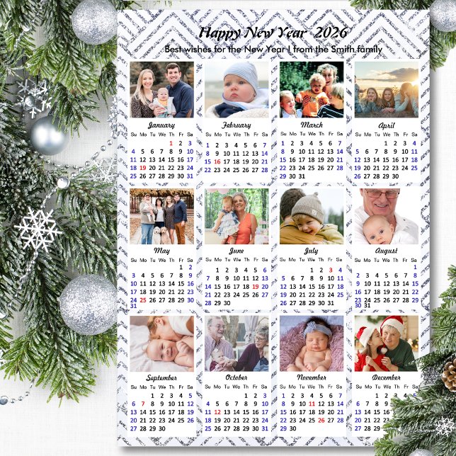 Tarjeta Festiva Calendario 2026 Purpurina de Plata con fotografía  (Subido por el creador)