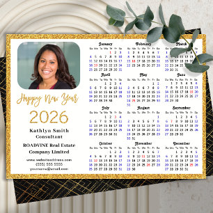 Tarjeta Festiva Calendario 2026 Purpurina Gold Modern Simple Corpo