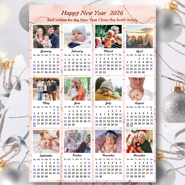 Tarjeta Festiva Calendario 2026 Purpurina rosa moderno 12 Collage  (Subido por el creador)