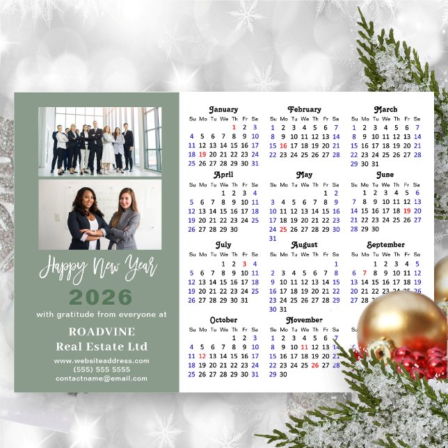 Tarjeta Festiva Calendario 2026 Sage Green Business 2 Photo New Ye (Subido por el creador)