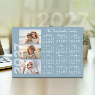 Tarjeta Festiva Calendario 2027 3 Fotos Azul Básico Minimalista