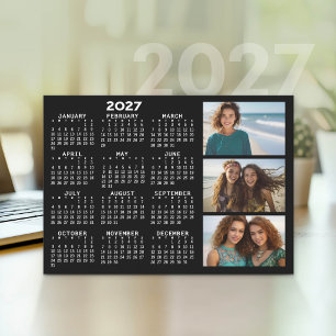 Tarjeta Festiva Calendario 2027 3 Fotos Negro Básico Minimalista