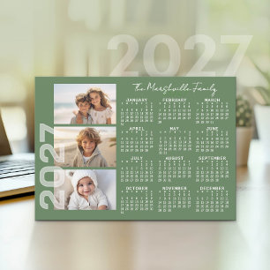 Tarjeta Festiva Calendario 2027 3 Fotos Verde Básico Minimalista