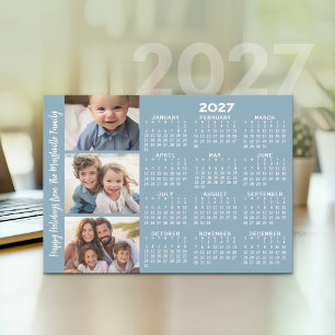 Tarjeta Festiva Calendario 2027 con collage de 3 fotos - azul