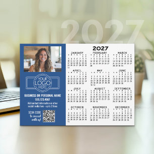 Tarjeta Festiva Calendario 2027 con logotipo, código QR, foto AZUL