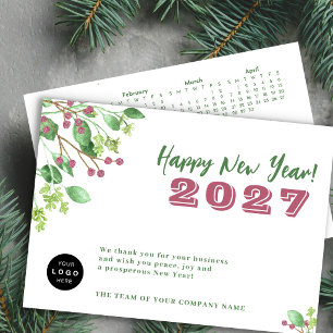 Tarjeta Festiva Calendario 2027 logotipo empresa Año Nuevo festivo
