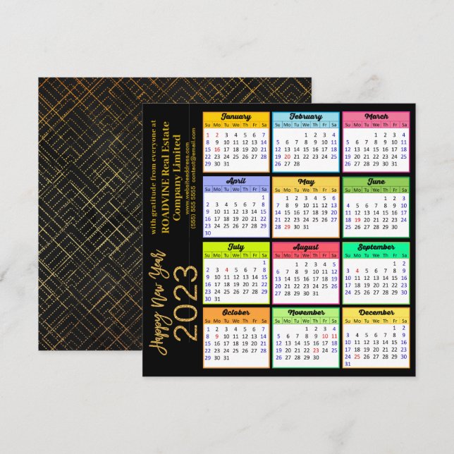 Tarjeta Festiva Calendario de 2023: moderna escritura de oro sobre (Anverso / Reverso)