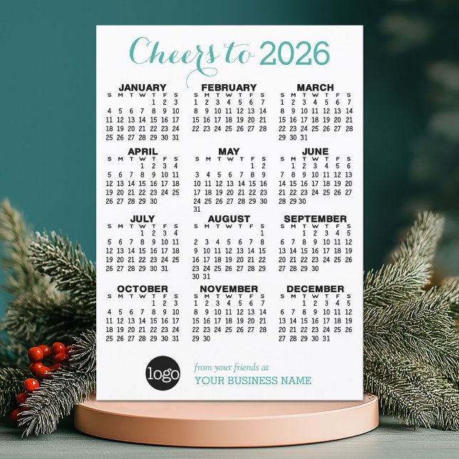 Tarjeta Festiva Calendario de animaciones - Logotipo Verde azulado (2026 Calendar on a Holiday Business Card)