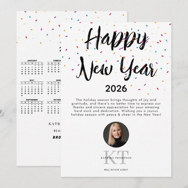 Tarjeta Festiva Calendario de Año Nuevo 2026 del agente inmobiliar (Anverso / Reverso)