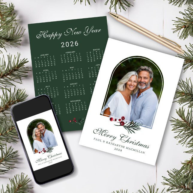 Tarjeta Festiva Calendario de Navidades de Elegant Pine Arch 2026 (2026 Elegant Pine Arch Christmas Photo Calendar Holiday Card with Digital Download)