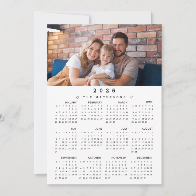 Tarjeta Festiva Calendario de todo el año 2026 con foto (Anverso)