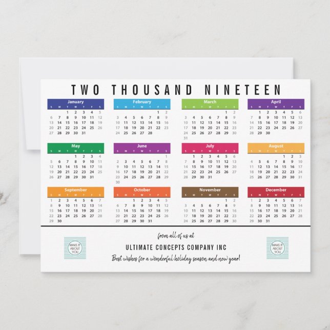 Tarjeta Festiva Calendario de trabajo de 2019 | Gracias al revés (Anverso)