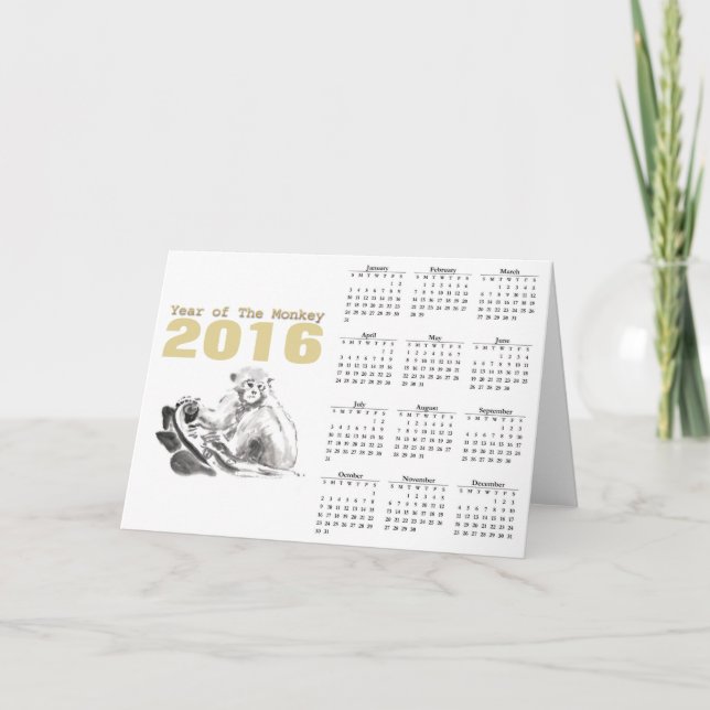 Tarjeta Festiva Calendario del Mono de Acuarela Año Nuevo Chino 20 (Anverso)