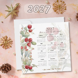 Tarjeta Festiva Calendario Elegante de Bayas Rojas y Verdor 2027