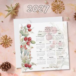 Tarjeta Festiva Calendario Elegante de Bayas Rojas y Verdor 2027