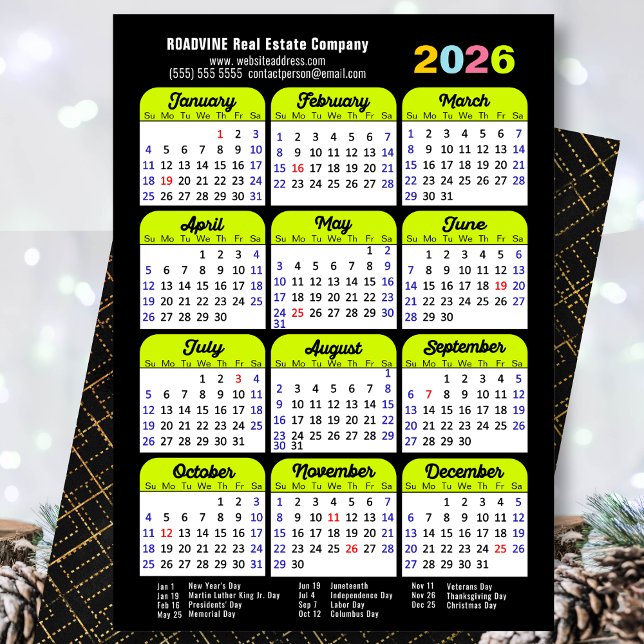 Tarjeta Festiva Calendario Empresarial 2026 Verde Negro Minimalist (Subido por el creador)