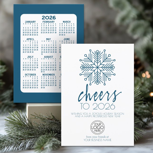 Tarjeta Festiva Calendario - Feliz Año Nuevo Blue Snowflake Busine (2026 Calendar on a Business Holiday Card)