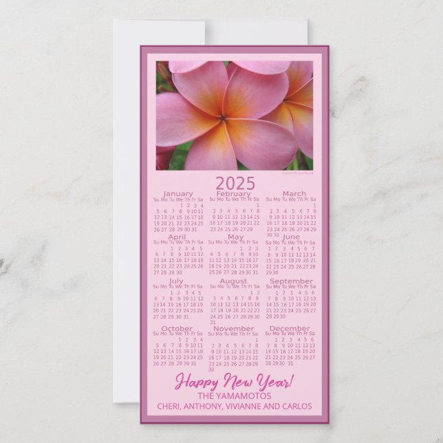 Tarjeta Festiva Calendario Feliz Año Nuevo de Flor Rosa Plumeria 2 (Anverso)