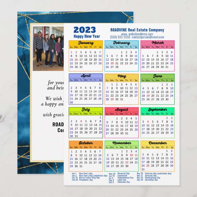 Tarjeta Festiva Calendario moderno 2023 Foto de negocios azul geom (Anverso / Reverso)