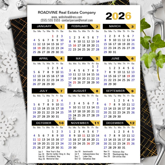 Tarjeta Festiva Calendario moderno 2026 Business Gold Black Corpor (Subido por el creador)