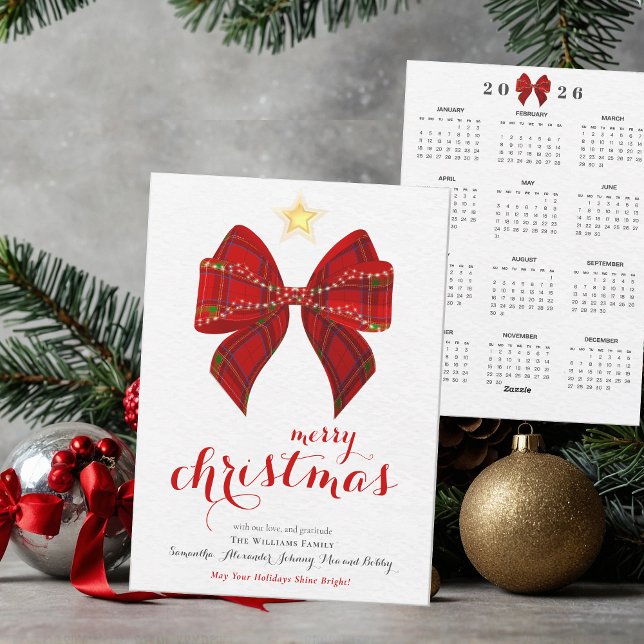 Tarjeta Festiva Calendario navideño del calendario Tartan Bow 2026 (Red Elegant Tartan Bow 2026 Calendar Merry Christmas Keepsake Calendar Holiday Card)